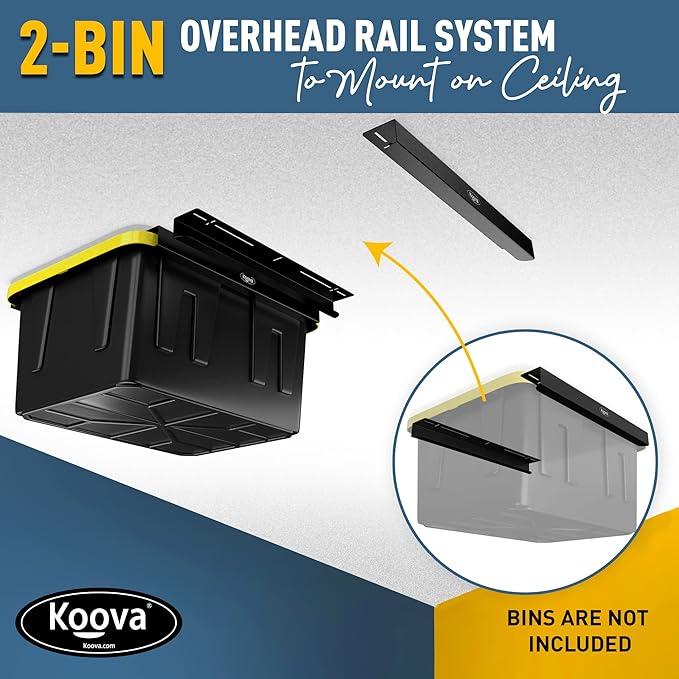 Koova Heavy-Duty Overhead Garage Storage Rack for 2 Bins. Adjustable Width, 80lb Capacity. DIY Safe Ceiling Mount, Easy Install. Fits 27-Gallon Totes. USA Made Pro-Grade Steel. Space Saving Organizer