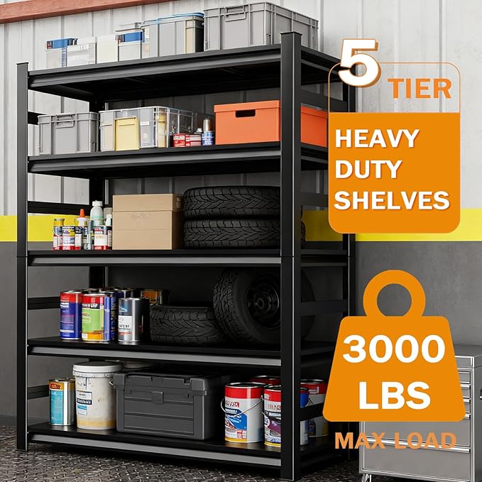 Metal Garage Storage Shelves Heavy Duty Shelving Unit 5 Tier Steel Adjustable Organizing Shelves 3000 LBS Capacity Industrial Shelving Ideal for Garage Tote Pantry Basement Outdoor, 73”Hx47”Wx24”D