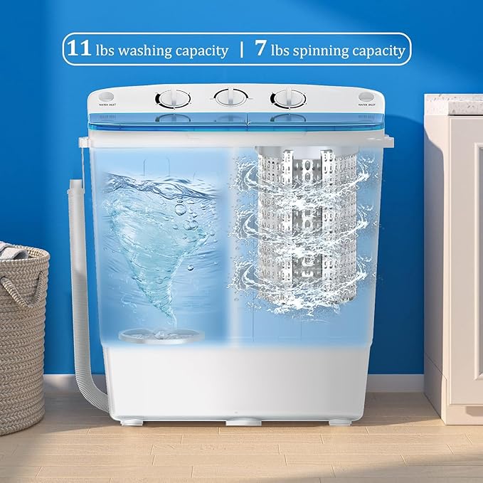 Portable Twin Tub 18lbs Washing Machine with Drying Rack, 11lbs Washer Mini Compact Laundry Machine with 7lbs Spinner, Semi-automatic Washer Combo for Dorms, Apartments