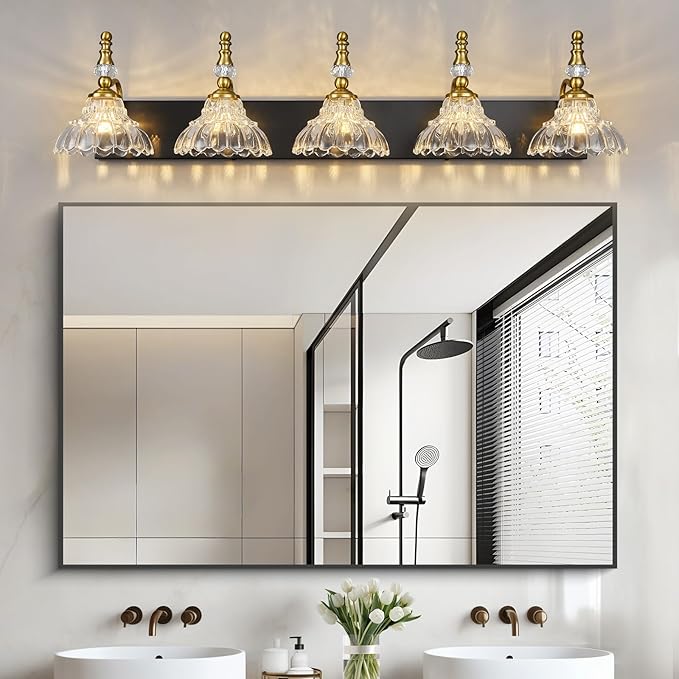 Vintage Bathroom Vanity Light, 5-Light Black Gold Vanity Lighting Fixture with Flower Glass Shade, Bathroom Lighting Fixtures Over Mirror