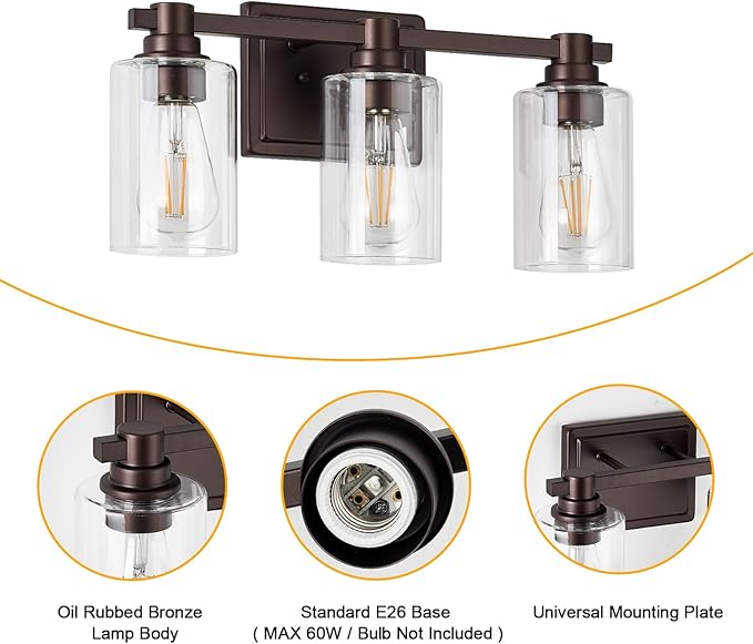 3 Lights Bathroom Lighting Fixtures Over Mirror Oil Rubbed Bronze Bathroom Vanity Light Fixture Farmhouse Vanity Light Vintage for Bedroom Living Room Hallway