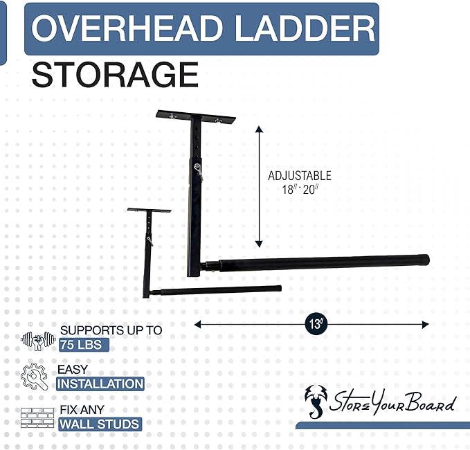 StoreYourBoard Adjustable Overhead Ladder Rack – Garage Organizer Ladder Shelf for Step & Extension Ladders - Storage Racks and Shelving for Garage Organization - Ceiling Mounted - Holds 75 lbs