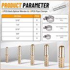 KOOTANS 32PCS Brass Hose Barb Fittings Barb Splicer Mender Hose Fittings Kit 3/16" 1/4" 5/16" 3/8" 1/2" Barbed Air Hose Fittings with 46pcs Pipe Clamps for Water Fuel Air Line Connector Fitting