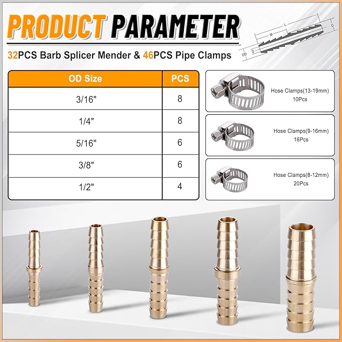 KOOTANS 32PCS Brass Hose Barb Fittings Barb Splicer Mender Hose Fittings Kit 3/16" 1/4" 5/16" 3/8" 1/2" Barbed Air Hose Fittings with 46pcs Pipe Clamps for Water Fuel Air Line Connector Fitting