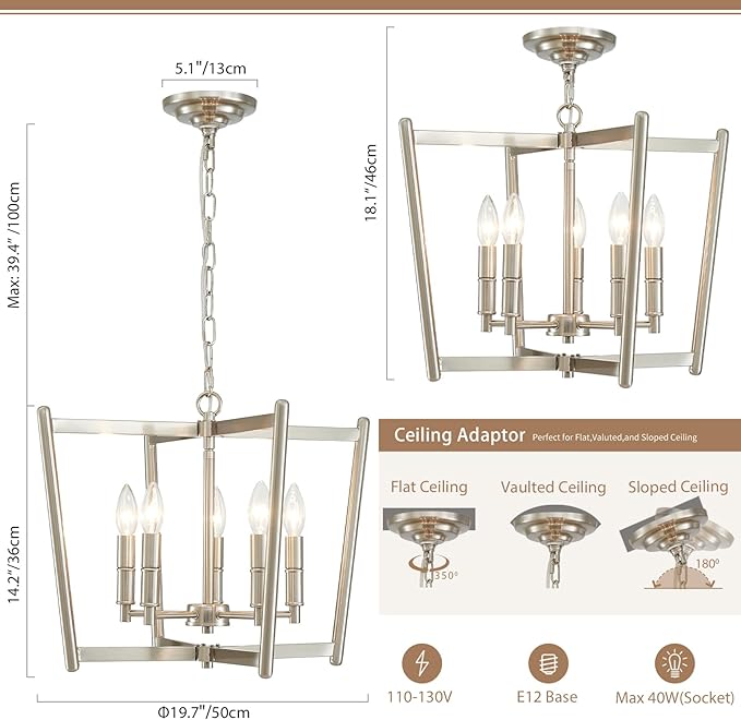 20" Brushed Nickel Geometric Ceiling Light and Pendant Dual-Use Light, 5-Light Dining Room Light Fixture Over Table Modern Farmhouse Chandeliers for Kitchen Island Living Room Entryway Light