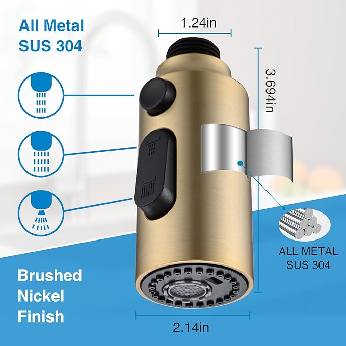 Metal Kitchen Faucet Head Replacement, 3-Function Pull Down Spray Head for Kitchen Faucet, High Pressure Sink Spray Nozzle with 9 Adapters Compatible with American Standard, ‎Brushed Gold