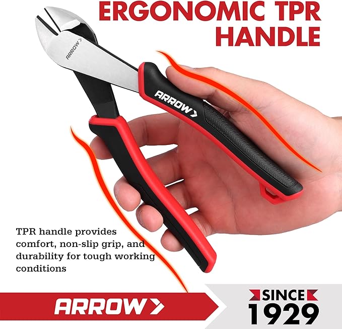 ARROW High Leverage Diagonal Pliers, 8 Inch Wire Cutters with Comfortable TPR Handle, High Carbon Steel Side Cutters for Cutting Wire