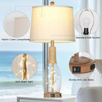 28" Coastal Table Lamps for Bedroom Set of 2, Farmhouse Glass Lamps with 3-Way Dimmable Touch Control Fairy Lights & Type-C Charging for Living Room Nightstand, Beach Nautical Bedside Lamp Rustic Wood