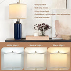 Lamp for Living Room Bedroom Lamps Farmhouse Table Lamps Set of 2 Vertical Stripe Ceramic Table Lamp,Linen Shade with Bulb, 25 in High,Navy Blue