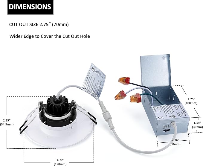 Premium Canless Recessed Gimbal Downlight Rotatable-Spotlight 5 CCT 4 Inch Eyeball Ceilling Potlight, Dimmable Lights Fixture with Junction Box, 8W, White Round Trim, with Baffle, 6P