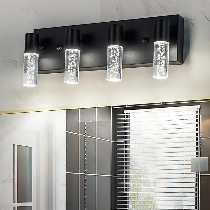 4-Light LED Vanity Light Fixture in Black - Modern Bathroom Lighting, Over Mirror Illumination | Multicolor Temperature 3000K/4000K/6000K | Stylish Bathroom Dec