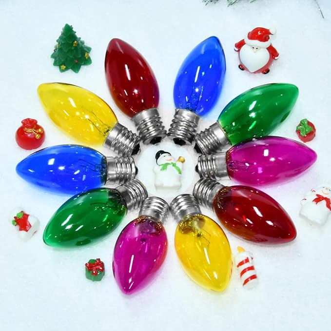 25 Pack C9 Replacement Bulbs Clear Multicolor Christmas Lights, C9 Colorful Light Bulb (Red, Blue, Green, Yellow, Pink) for Hanging Vintage Christmas Lights Outdoor, 7W, 120V