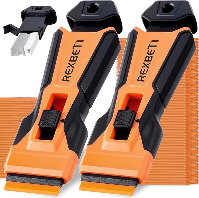 REXBETI Razor Blade Scraper Tool, 2 Pack Razor Scraper with Extra 314Pcs Razor Blades -14Pcs Metal and 300Pcs Plastic Blades, Cleaning Scraper Tool, Cooktop, Paint, Glass Scraper