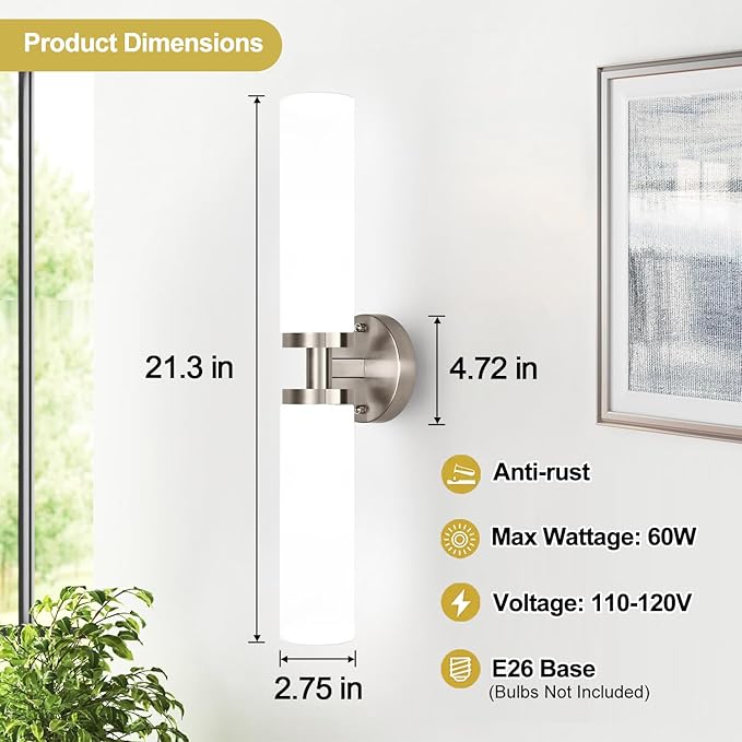 Wall Sconces Set of Two, Brushed Nickel Gold Bathroom Sconces Wall Lighting with Milky White Glass, Modern Sconces Wall Decor Set of 2 Bathroom Light Fixtures for Mirror Living Room Bedroom