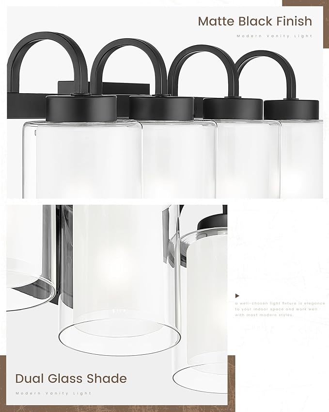 TENGXIN 4-Light Bathroom Light Fixtures, Matte Black Vanity Lights Over Mirror, Farmhouse Wall Sconces with Dual Glass Shade, Modern Wall Lamp for Bathroom Hallway Living Room Cabinet,TXVLBK03