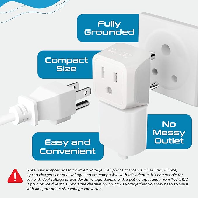 Ceptics US to India Plug Adapter works in Nepal, Maldives, Pakistan, India Power Adapter, Dual USA Input, Grounded Travel Adapter for Indian plug, Perfect for Phones, Laptop Chargers, 3 Pack (CT-10)