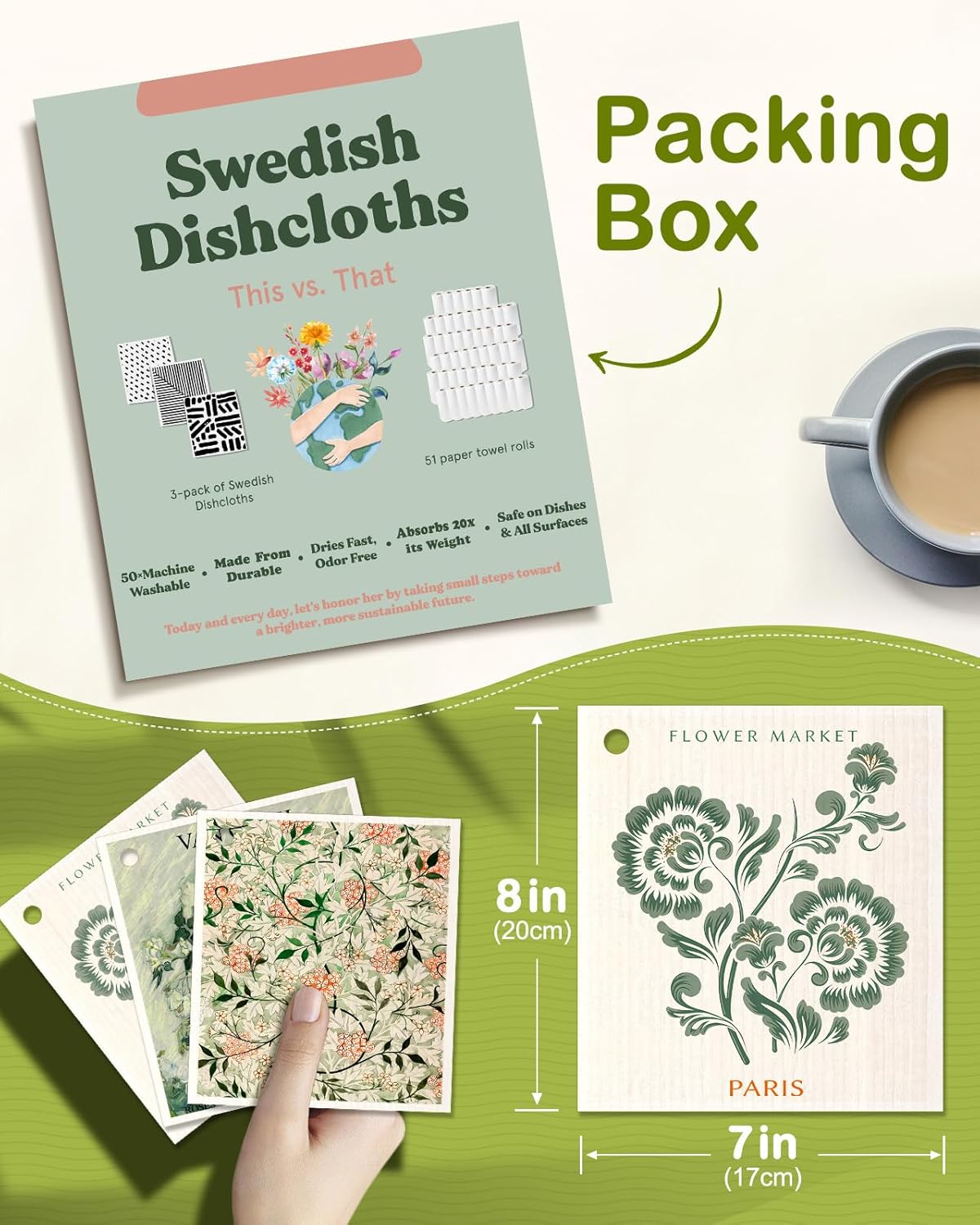 6 Pack Swedish Dishcloths for Kitchen - Reusable Dish Cloths for Washing Dishes Absorbent Cute Funny Kitchen Towels Cleaning Sponge, Green Artist