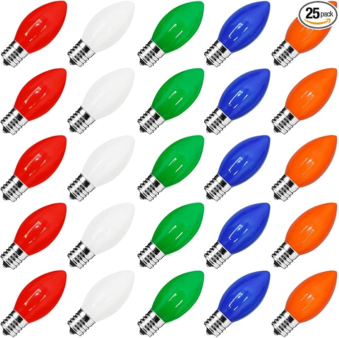 C9 Christmas Light Bulbs 25 Pack, C9 Ceramic Multicolor Replacement Bulb Incandescent Light Bulbs, E17/C9 Intermediate Base Bulb for Patio Outdoor Christmas String Lights, 7 Watts