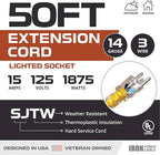 Iron Forge Cable Lighted Outdoor Extension Cord 50 ft - 14 Gauge 15 Amp Heavy Duty Power Extension Cords - SJTW - Great for Major Appliances, Power Tools, Garden Supplies - Yellow