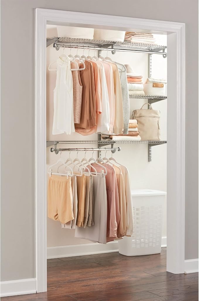 Rubbermaid Configurations Custom Closet Kit 4-8 Ft. Adjustable Metal Wire Shelving Titanium Finish Expandable Organization System Hardware Included for Home Closet/Pantry/Laundry/Mudroom