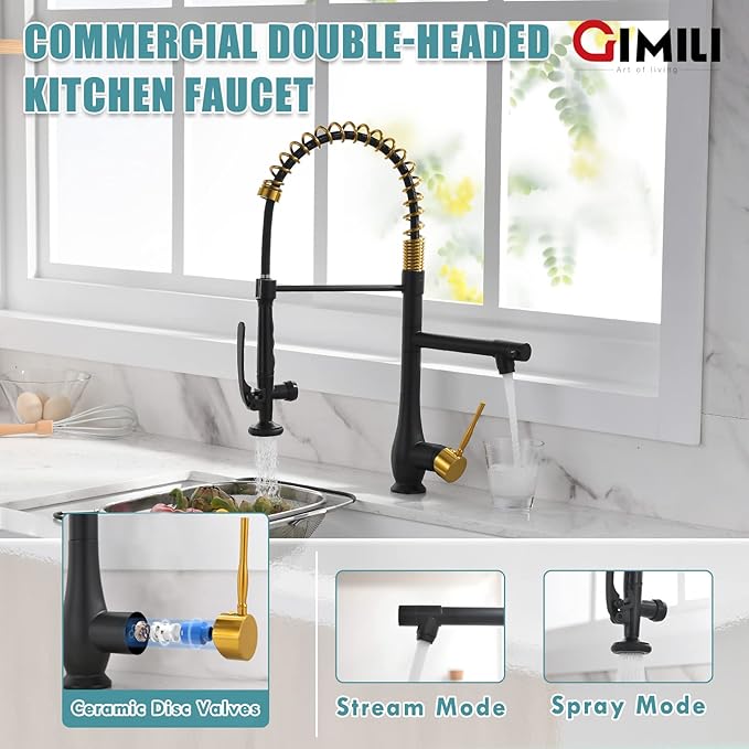 GIMILI Black and Gold Kitchen Faucet with Pull Down Sprayer Single Handle High Pressure Kitchen Sink Faucet Commercial Double-Headed Stainless Steel Kitchen Faucets