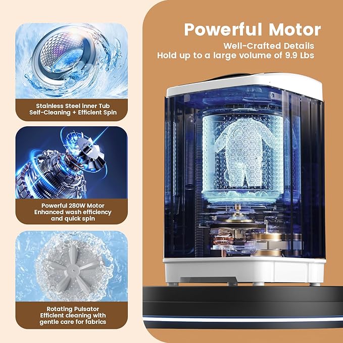 BANGSON 1.08cu.ft Portable Washing Machine, Full-Automatic Washing Machine with 8 Programs 6 Water Levels, Drain Pump and LED Display, Compact Washer for Apartments, RVs, Homes, White