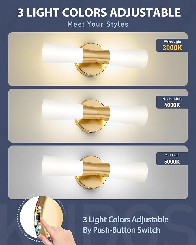kudos Bathroom Sconces Set of 2,16inches Gold Wall Sconces, Modern Bathroom Light Fixtures with Milk White Glass, Dimmerable 3000K/4000K/5000K for Bedroom Hallway, KDVL13-GD-2PK