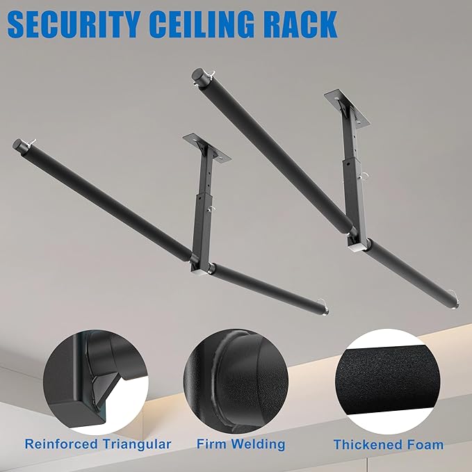 Double Paddleboard and Surfboard Garage Ceiling Storage Racks, Adjustable Height Overhead Storage Ladder Hanger, Heavy Duty Kayak Ceiling Storage with Fix Straps, Holds 200 lbs, Black