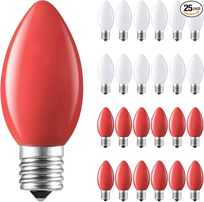 Brightown C9 LED Replacement Christmas Bulbs, 25 Pack Red and White Shatterproof C9 Bulbs, Waterproof Commercial LED Holiday Bulb for Christmas String Light, E17 Intermediate Base, Dimmable