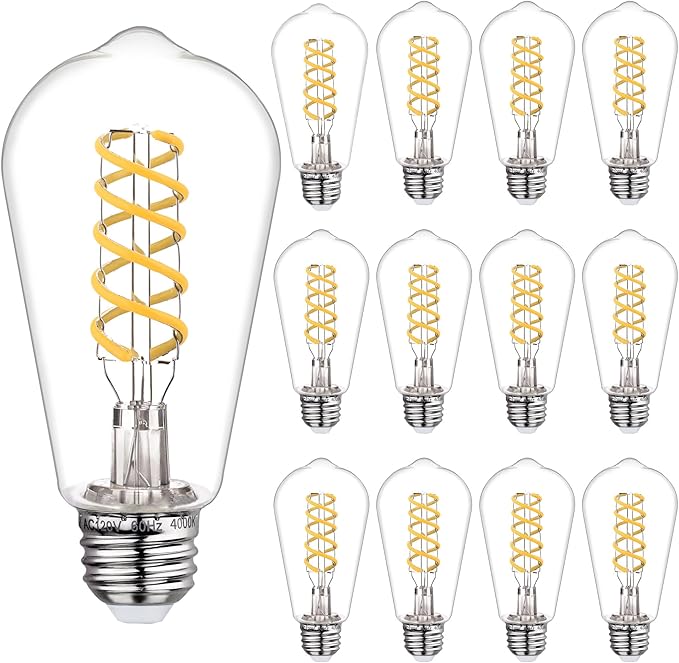 12 PCS Dimmable Vintage LED Edison Bulbs, 6W Equivalent 60 Watt, Natural White 4000K, Antique Flexible Spiral LED Filament Light Bulb, ST58 (ST19), 600 Lumens, E26 Base, Clear Plastic