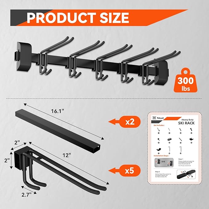 32" Ski & Snowboard Wall Rack – Heavy-Duty Wall Mounted Ski Storage for Garage, Holds 10 Pairs with 5 Adjustable Hooks, 300lbs Capacity, Non-Slip Rubber, Easy Install | Ski Holders for Wall