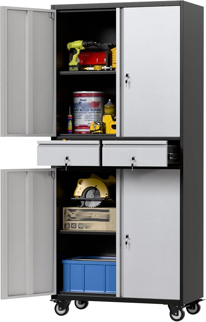 Metal Garage Storage Cabinet with 2 Drawers and 2 Adjustable Shelves, Locking Rolling Tool Storage Cabinet with Wheels and Pegboard for Garage, Home, Black and Silvery