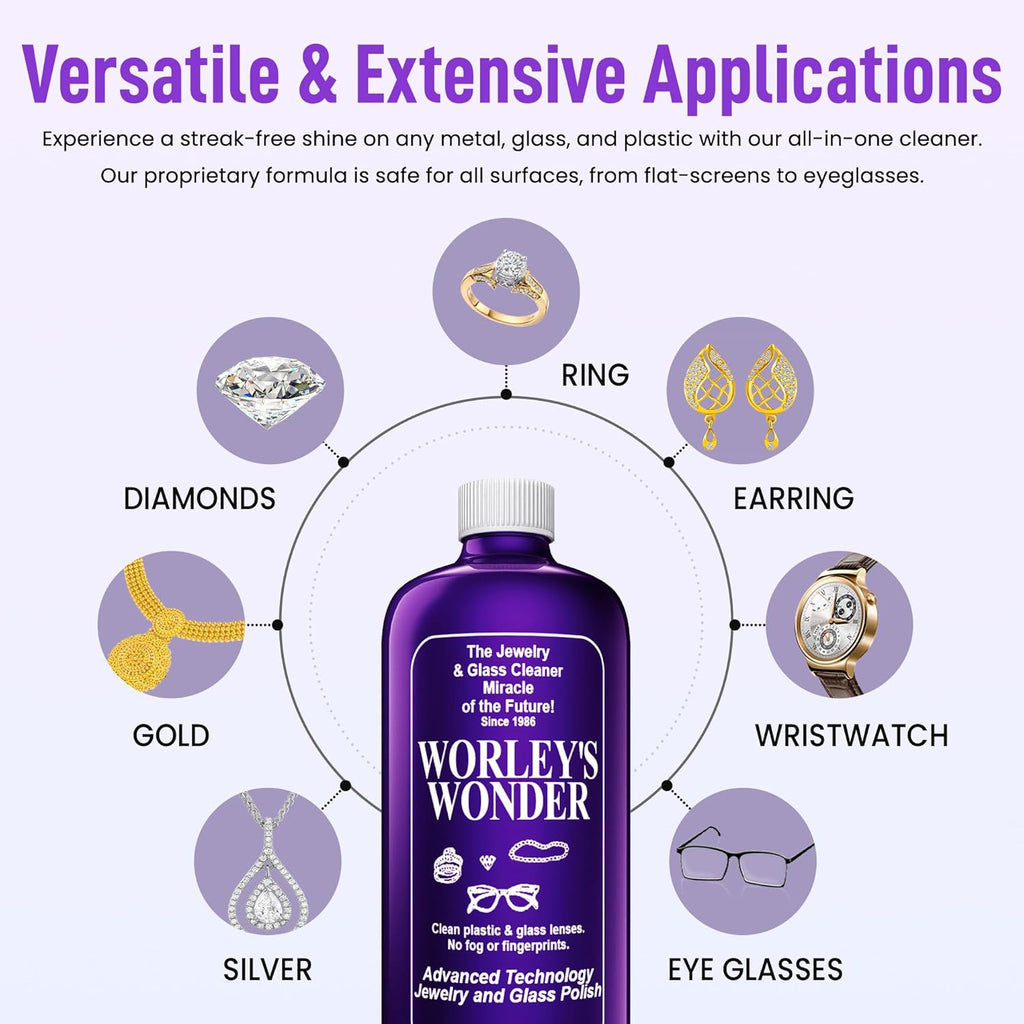 Worley's Wonder Jewelry & Glass Cleaner (32 Ounce Refill Bottle) - Jewelry Cleaner Spray for Gold, Silver, Diamonds, Gemstones, Glass, Marble, Electronics (Pack of 1)
