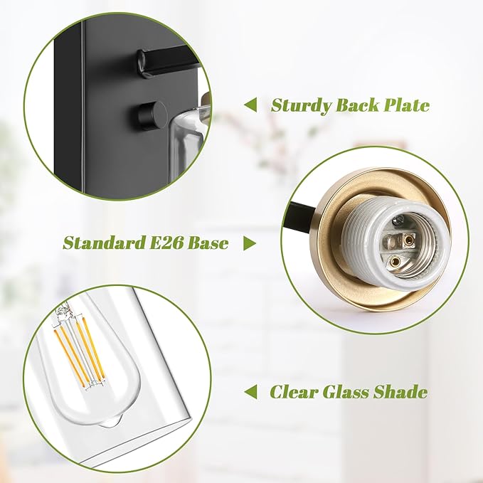 Set of 2 Wall Sconces for Bathroom, Modern Vanity Light Fixtures, Black and Gold Wall Mount Lighting Lanterns, Farmhouse Wall Lights with Clear Glass Shade for Bedroom Living Room Mirror Hallway