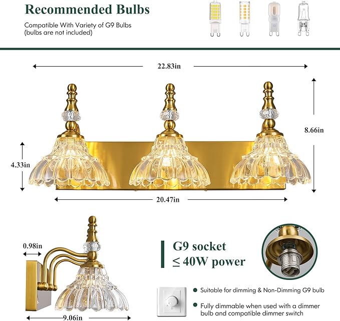 Vintage Bathroom Vanity Light, 3-Light Gold Vanity Lighting Fixture with Flower Glass Shade, Bathroom Lighting Fixtures Over Mirror