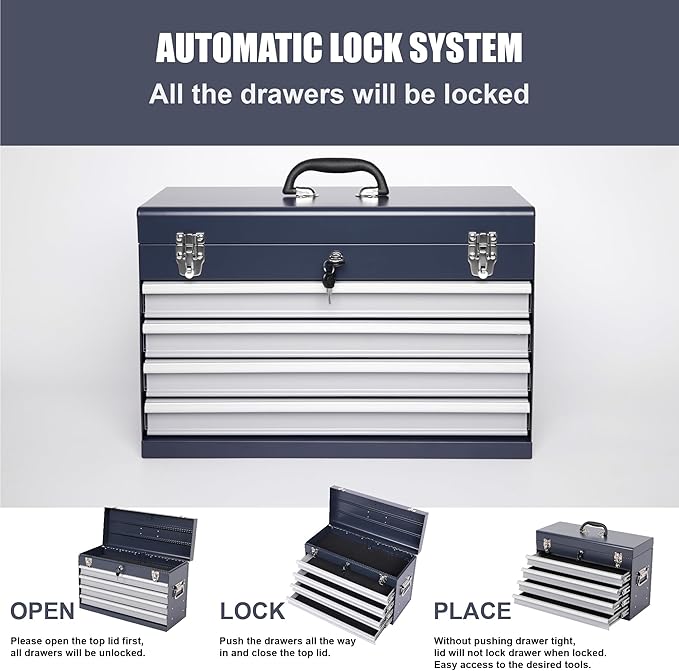 4 Drawers Metal Tool Box, 21" Portable Steel Tool Chest w/Key Lock & Latch Closure, Multi-Function Top Storage Tray Toolbox w/Powder Coating & Ball Bearing Slides for Garage (Antique Grey)