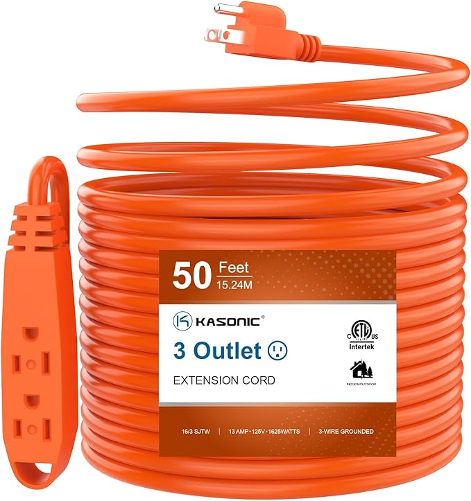 K KASONIC - 50-Feet 3 Outlet Extension Cord, ETL/UL Listed, 16/3 SJTW 3-Wire Grounded, 13 Amp 125 V 1625 Watts, Multi-Outlet Indoor/Outdoor Use, Orange