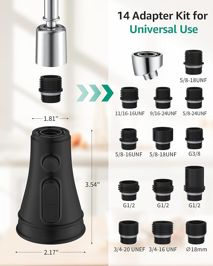 Mbillion Universal Matte Black Kitchen Faucet Sprayer Head Replacement – 3-Function Pull-Down Nozzle with 14 Adapters – Fits Moen, Delta, Kohler, WEWE & American Standard