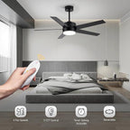 52 Inch Modern Ceiling Fan with Light, 5 Blades, Remote Control, Reversible DC Motor, Stepless Dimmable, Noiseless for Indoor and Use, Black