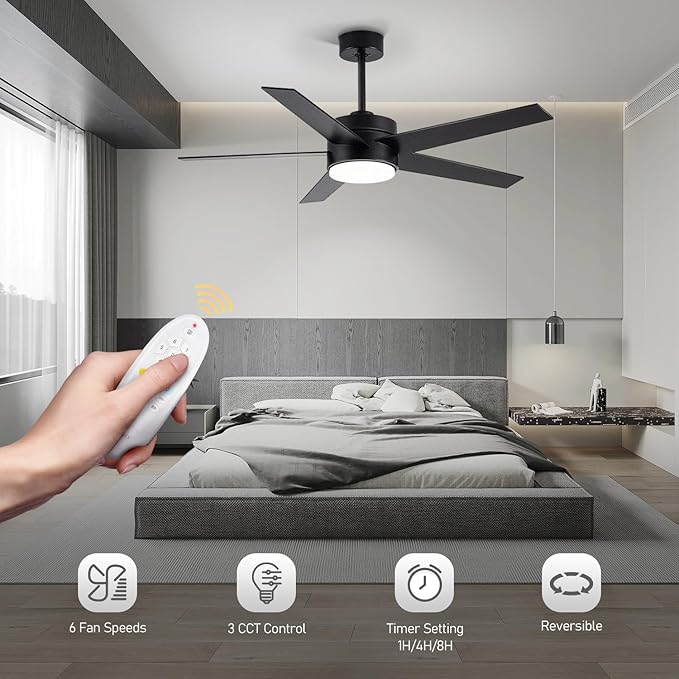 52 Inch Modern Ceiling Fan with Light, 5 Blades, Remote Control, Reversible DC Motor, Stepless Dimmable, Noiseless for Indoor and Use, Black