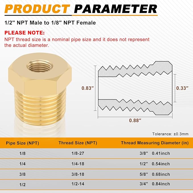 KOOTANS 4pcs Heavy Duty 1/2 NPT Male Thread to 1/8 NPT Female Thread Brass Reducer Hex Bushing Brass Fitting Pipe Hose Tube Adapter Convert