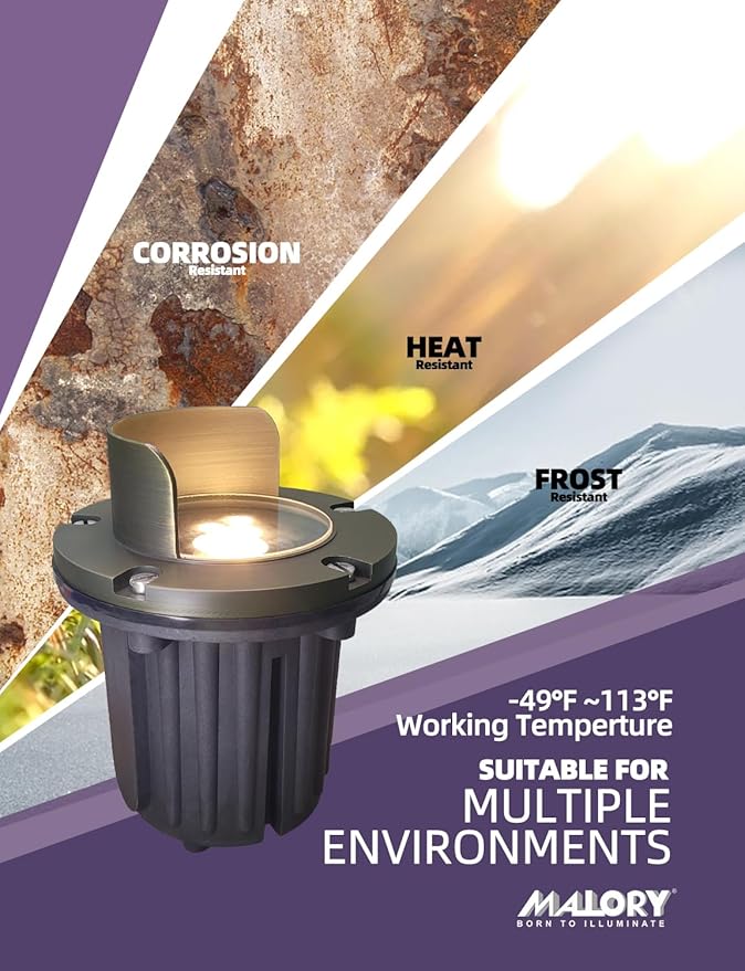 MALORY Brass Top Cover Landscape Well Lights,（6‘’H 12V Low Voltage Outdoor In Ground Lights, Anti-Glare Landscape Lighting with 5W 450LM MR16 for Pathway, Driveway (Shield Top, 10-Pack with Bulb)