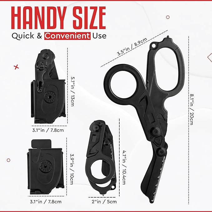Heavy Duty 6 in 1 Multipurpose Emergency Trauma Shears Scissors with Holster, Outdoor Camping Rescue Tools with Glass Breaker, Strap Cutter Stainless Steel Foldable Scissors Pliers