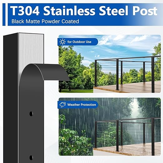 4Pack 36" T304 L-drilled Cable Railing Corner Post(Post 35"x2"x2"), Wire Railing Post with Cable Grommets, Fixed Top Mount Stainless Steel Black Finish Deck Staircase Post