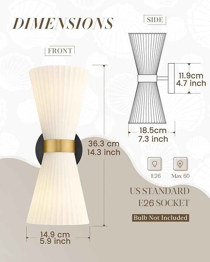 Wall Sconces Set of Two, HWH 14.3 Inch Black and Gold Bathroom Sconces with Frosted Milk White Striped Glass, Up Down Modern Wall Light fixtures for Living Room Bedroom, 5HZG97B-2W-2PK BK+BG