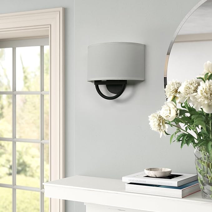 Industrial 2-Lights Wall Sconce Fixture with White Fabric Shade, Double Arm Wall Light Lamps Decor for Hallway Bedroom Living Room Bathroom Stairway