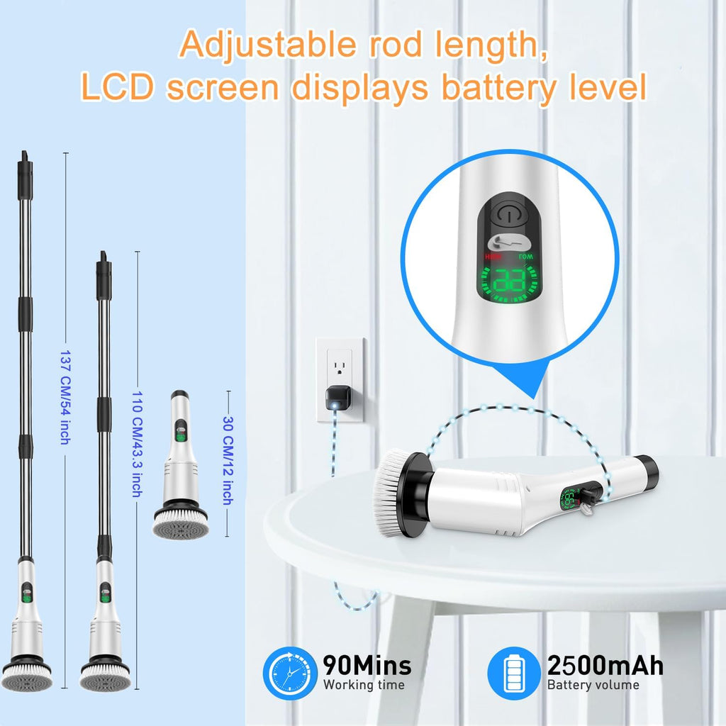 IPX7 Waterproof Electric Spin Scrubber, Power Cleaner with 9 Brush Heads, LED Battery Display, 2 Speeds Adjustable Long Handle for Kitchen Bathroom, Shower, Tile & Car Cleaning (A-White)