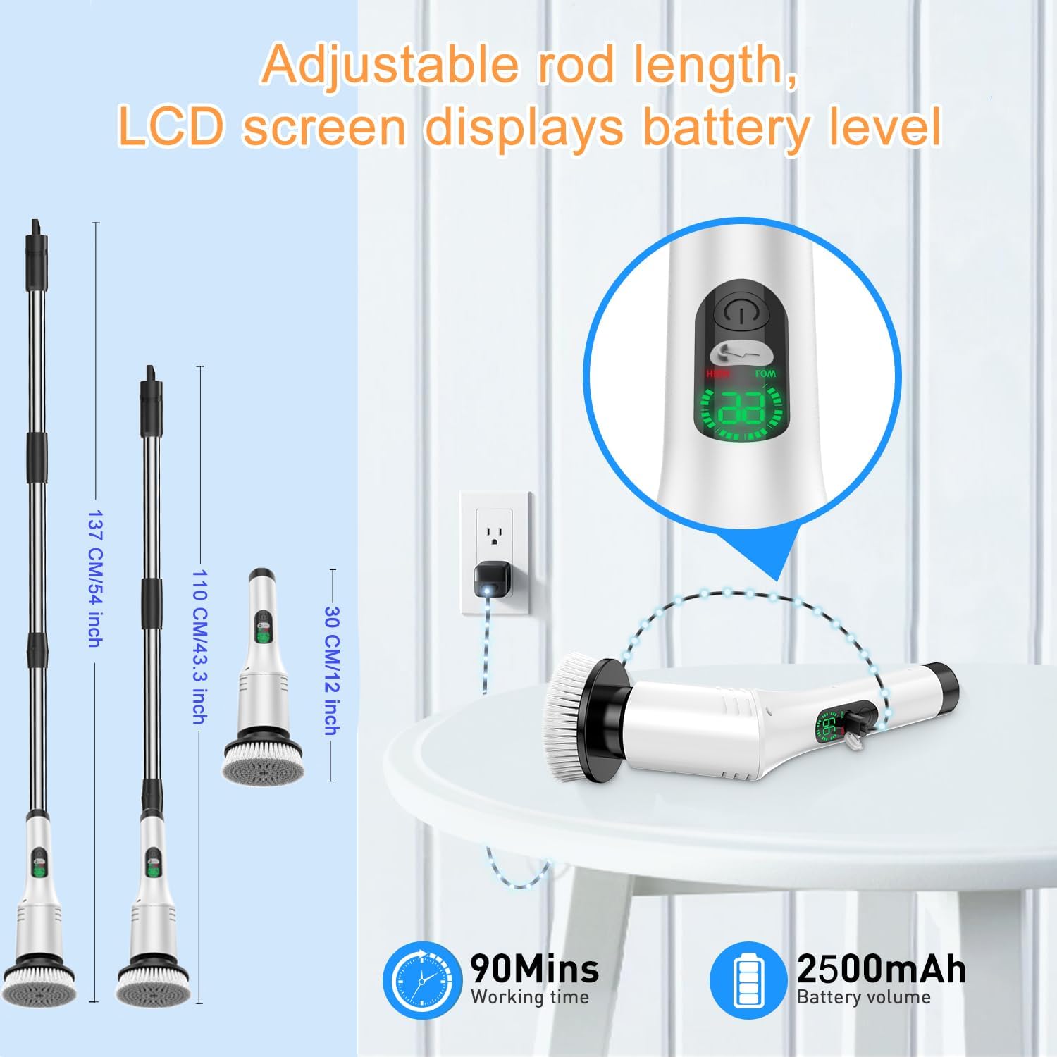 IPX7 Waterproof Electric Spin Scrubber, Power Cleaner with 9 Brush Heads, LED Battery Display, 2 Speeds Adjustable Long Handle for Kitchen Bathroom, Shower, Tile & Car Cleaning (A-White)
