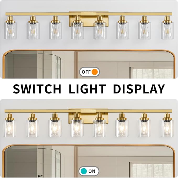 8 Light Gold Vanity Lights Over Mirror, 52inch Gold Bathroom Light Fixtures Modern Vanity Lights Gold Bathroom Wall Lighting for Mirror Bedroom,Living Room