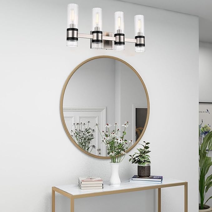 MELUCEE Bathroom Light Fixtures Over Mirror 4 Lights Brushed Nickel Vanity Lights with Ribbed Clear Glass Shade Farmhouse Wall Mount Lamp for Bath Kitchen Bedroom Hallway, E12 Base
